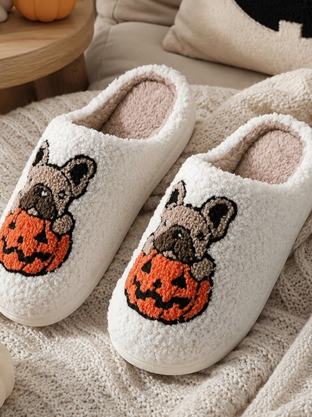 Cozy White Fleece Slippers with Pumpkin Pup Accent
